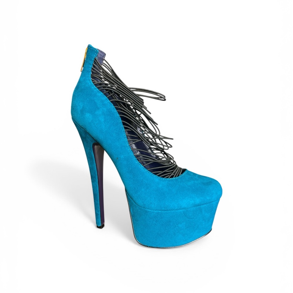 London Trash Ceres Blue Suede Platform Pumps Strappy Stiletto Heels Size 7.5 New